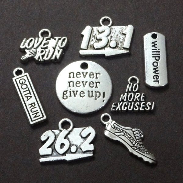 8 Charms, MARATHON RUNNER Collection "13.1, Love To Run, Gotta Run, willpower, never never give up, No More Excuses, Shoe, 26.2 Theme Charms