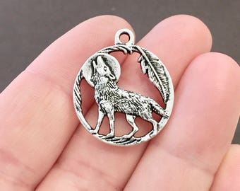 10 Charms, Wolf, Howling, Feather, Animal, Charms 25x21.5x2mm, Hole: 2mm