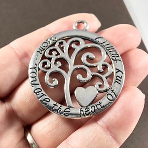 2 Charms, Mom, Family Tree, Charm &quot;Mom-you are the heart of my family&quot; 47x42x2mm, Hole: 4mm