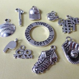 10 Charms, &quot;SOFTBALL&quot; Bat, Ball, Catchers Mitt, Cleat, Whistle, Sports, Collection, Theme, Assorted, Charms