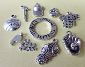 10 Charms, "SOFTBALL" Bat, Ball, Catchers Mitt, Cleat, Whistle, Sports, Collection, Theme, Assorted, Charms