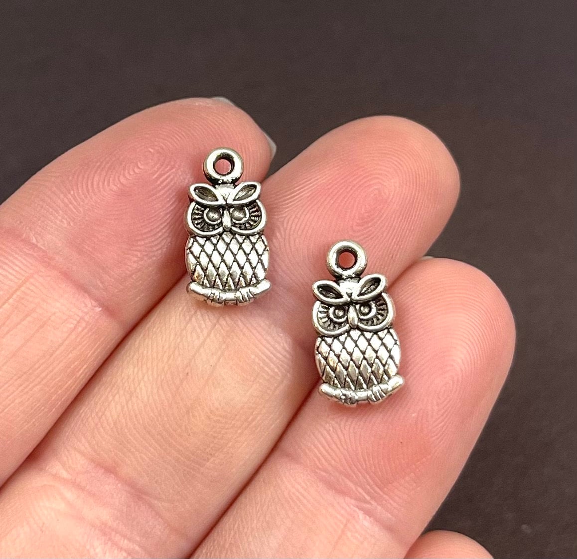 10 or 50 Charms, Owl Charm, Metal, Antique Silver Color,  (double sided puffed) 8x15x2.5mm ITEM:AB3