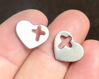 10, Heart, Cross, 304 Stainless Steel, Blank Stamping, Tag, Charm, Pendant, 10x12.5x0.8mm, Hole: 6x5mm