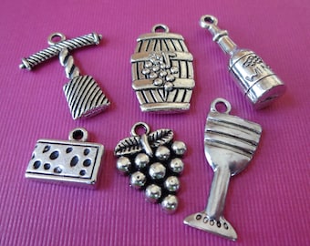 6 Charms, Wine, Cheese, Barrel, Bottle, Grape, Cork Pull, Goblet, Assorted, Themed, Charm