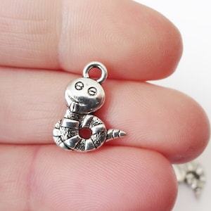 May include: Silver charm in the shape of a cartoon snake with a smiling face. The snake is curled up with its tail in its mouth.