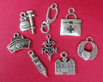 8 Charms, "Nurse" RN, Medical, Stethoscope, Syringe, Themed Charm Collection