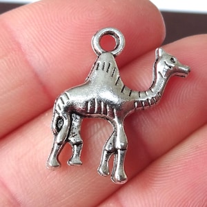 May include: Silver charm in the shape of a camel. The charm has a loop at the top for attaching to a necklace or bracelet.
