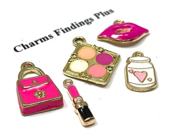 5 Charms, Makeup, Compact, Lipstick, Lips, Handbag, Cosmetologist, Beauty, Gold Plated, Multicolor Enamel, Theme, Jumprings Included