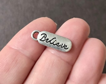 10 Charms, BELIEVE, Tag, Message, 20x7x1.5mm, Hole: 2.5mm