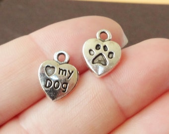 10 or 50 Charms, Heart, Love My Dog/Paw Charm 10x13x3mm Item:D22