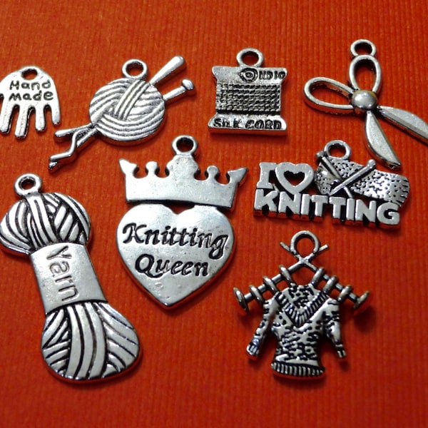 8 Charms,  KNITTING, Assorted, Theme, yarn, scissor, knitting queen, knit sweater Charms