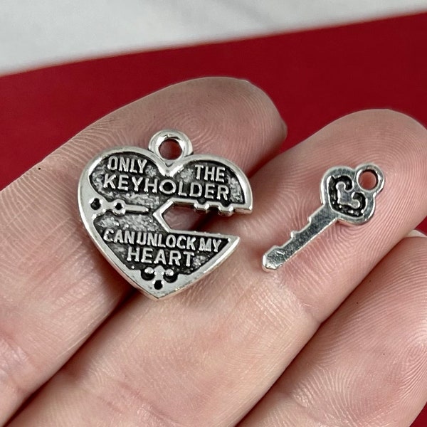 10 sets, Heart, Key, Puzzle, "Only the key holder can unlock my heart."  (double sided) Charms 16-19x7-18x1.5mm, Hole 1.6-2mm SH265