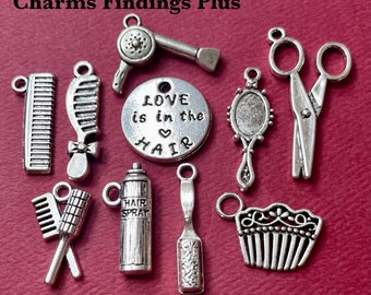 10 Charms, Assorted (3D) Hair Stylist, Brush, Comb, Scissor, Hair Spray, Blow Dryer, Mirror, Love, Collection, Theme, Assortment