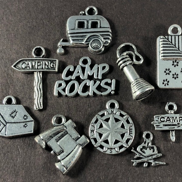 10 Charms, Camping, Theme, Collection, Tent, Camper, Sleeping Bag, Flashlight, etc. Charm