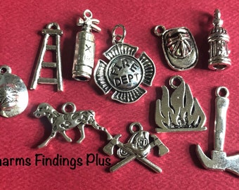 10 Charms, Fire Department, Badge, Firefighter, Fireman, Axe, Hydrant, Extinguisher,... Charm Theme Collection