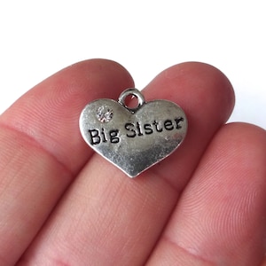 4 Charms, &quot;Big Sister&quot; (double sided) clear Rhinestone, Heart, Charm, 16x14x3mm