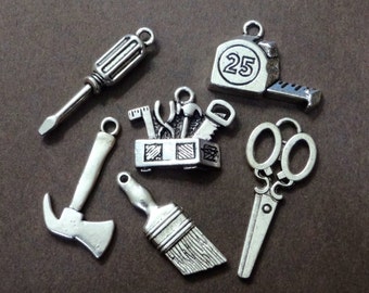6 Charms, Tool set, Screwdriver, Scissor, Tape Measure, Paint Brush, Ax, Tool Box, Assorted Charm Collection