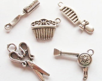 5 Charms, Hair Stylist, Comb, Brush, Blowdryer, Scissor, Hair Comb, Antique Silver, Charm, Pendant, Theme, Collection