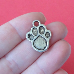 May include: Silver charm in the shape of a paw print. The charm has a hole at the top for attaching to a necklace or bracelet.