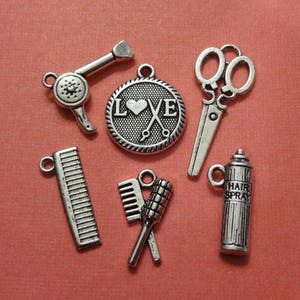 6 Charms, Assorted (3D) Hair Stylist, Brush, Comb, Scissor, Hair Spray, Blow Dryer, Love, Collection Charms Item:C5