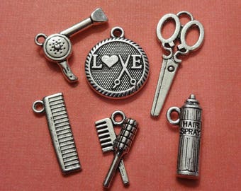 6 Charms, Assorted (3D) Hair Stylist, Brush, Comb, Scissor, Hair Spray, Blow Dryer, Love, Collection, Charm Item:C5