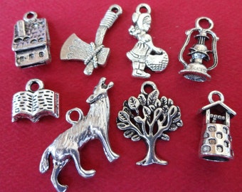 8 Charms, Little Red Riding Hood, Wolf, Book, Cabin, Girl, Tree, Lantern, Wishing Well, Axe, Themed, Collection