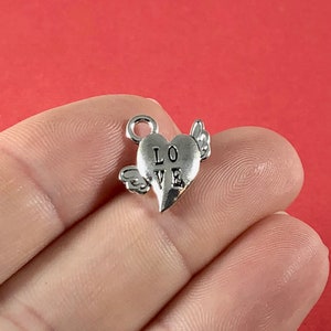 10 Charms, Angel Wing, Heart, LOVE, &quot;antique silver&quot; Charm 13x15x2mm hole, 2mm