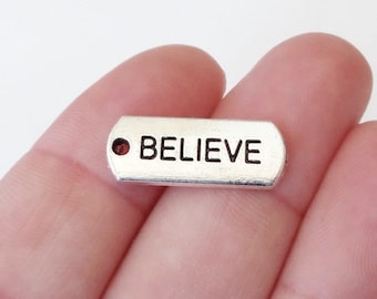 10 Charms, BELIEVE, Tag, Message, Charms 8x21x2mm, Hole 2mm ITEM:BT6