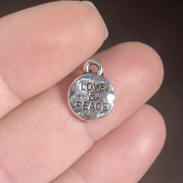 10 Charms, "LOVE & PEACE" Message, Charms 13x10x1.7mm hole, 1.5mm ITEM:AT15