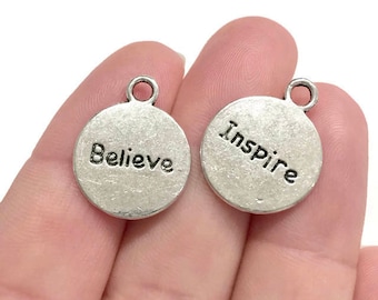 20 Bulk, "Inspire, Believe" Message Charms 20x16x1.3mm Hole, 2.5mm