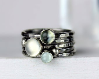 Moonstone and Aquamarine Stacking Rings, Hammered Silver Rings, Stackable Gemstone Rings, Silver Ring Set, White Green and Blue Rings