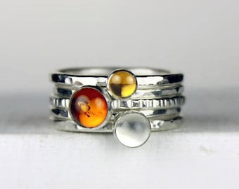 Hammered Silver and Gemstone Rings, Stacking Rings with Amber, Citrine and Moonstone