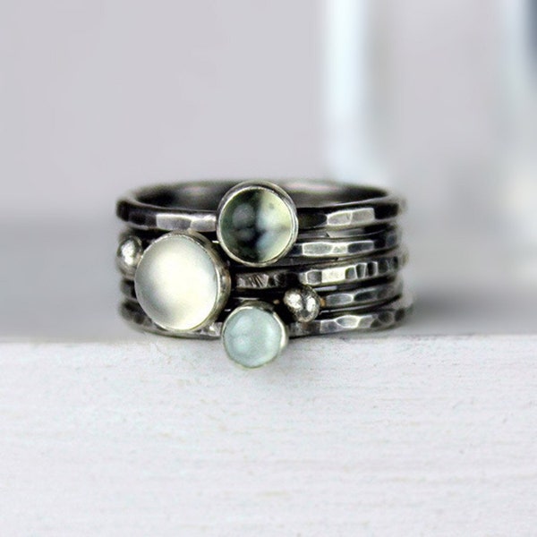 Moonstone and Aquamarine Stacking Rings, Hammered Silver Rings, Stackable Gemstone Rings, Silver Ring Set, White Green and Blue Rings