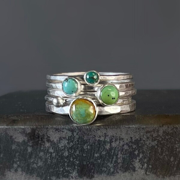 Anillos apilables de plata y turquesa verde: elige tu propia combinación