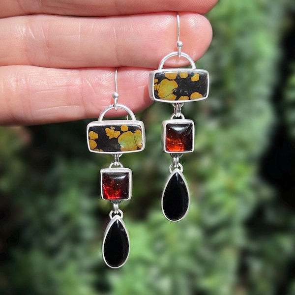 Turquoise, Baltic Amber and Black Onyx Earrings, Cascade Earrings, Ready to Ship