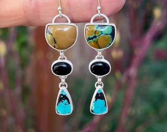 Multicolored Turquoise and Black Onyx Earrings, Cascade Earrings, Ready to Ship