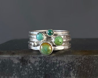 Green Kingman Turquoise Stacking Rings, Hammered Silver Stacking Rings, Stackable Rings, Turquoise Jewelry