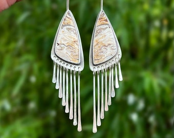 Petrified Palm Earrings with Silver Fringe, Ready to Ship