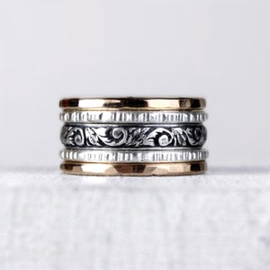 Gold and Silver Stacking Rings, Two-Tone Rings with Scroll Band, Hammered Silver and Gold Rings, Made-to-Size