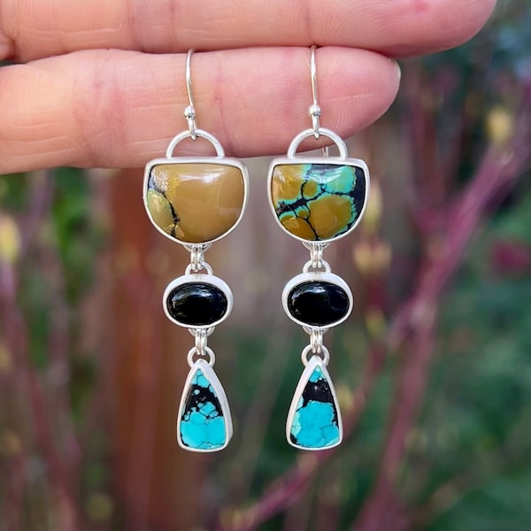 Multicolored Turquoise and Black Onyx Earrings, Cascade Earrings, Ready to Ship