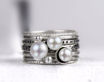 Freshwater Pearl and Silver Rings with Dotted Bands, Set of Seven Stackable Rings