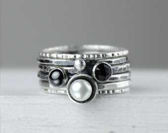 Stacking Silver Rings with Freshwater Pearl, Hematite and Black Spinel Gemstones, Gemstone Rings