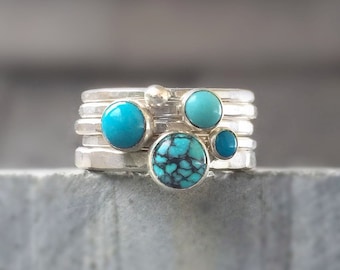 Turquoise Stacking Rings, Hammered Silver Stacking Rings, Stackable Rings, Turquoise Jewelry, Sleeping Beauty Turquoise Rings