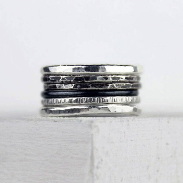 Sterling Silver Stacking Rings, Hammered Silver Rings, Ombre Patina Finish, Ring Set, Six Stackable Rings