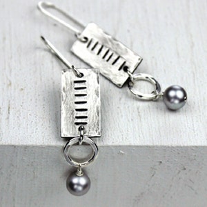 Silver Rectanlge Earrings with Freshwater Pearls - Stamped, Hammered Silver, Silver Pearls