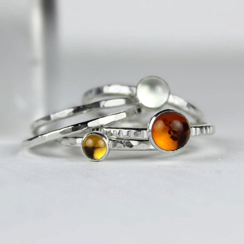 Hammered Silver and Gemstone Rings, Stacking Rings with Amber, Citrine and Moonstone image 4