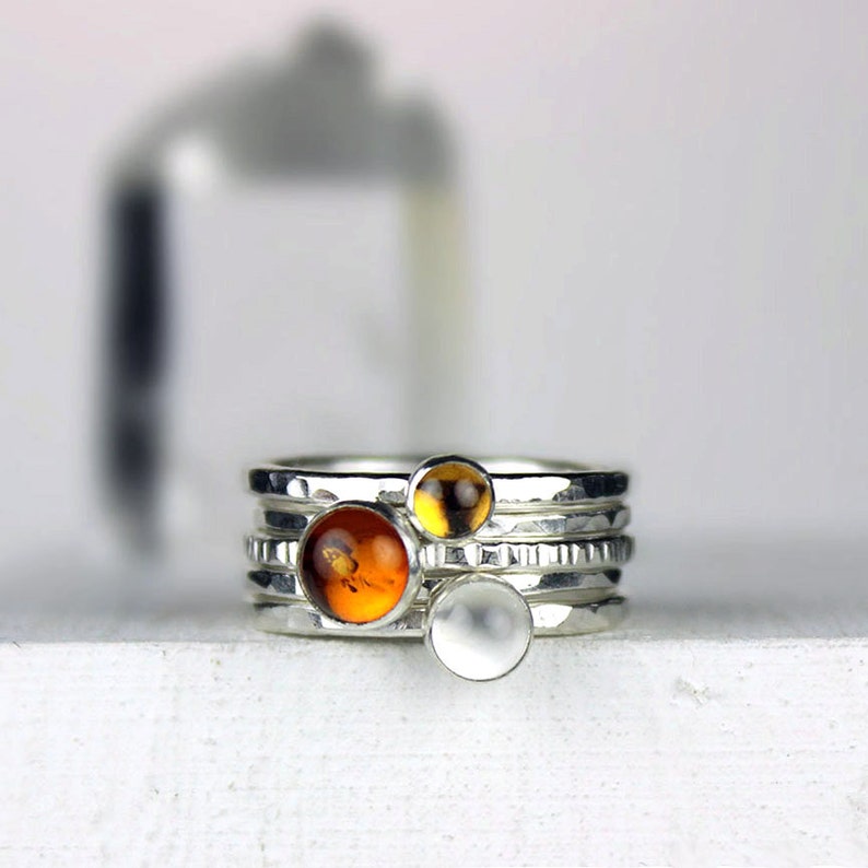Hammered Silver and Gemstone Rings, Stacking Rings with Amber, Citrine and Moonstone image 2