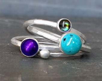 Hammered Silver Stacking Rings with Turquoise, Purple Amethyst, and Paua Shell