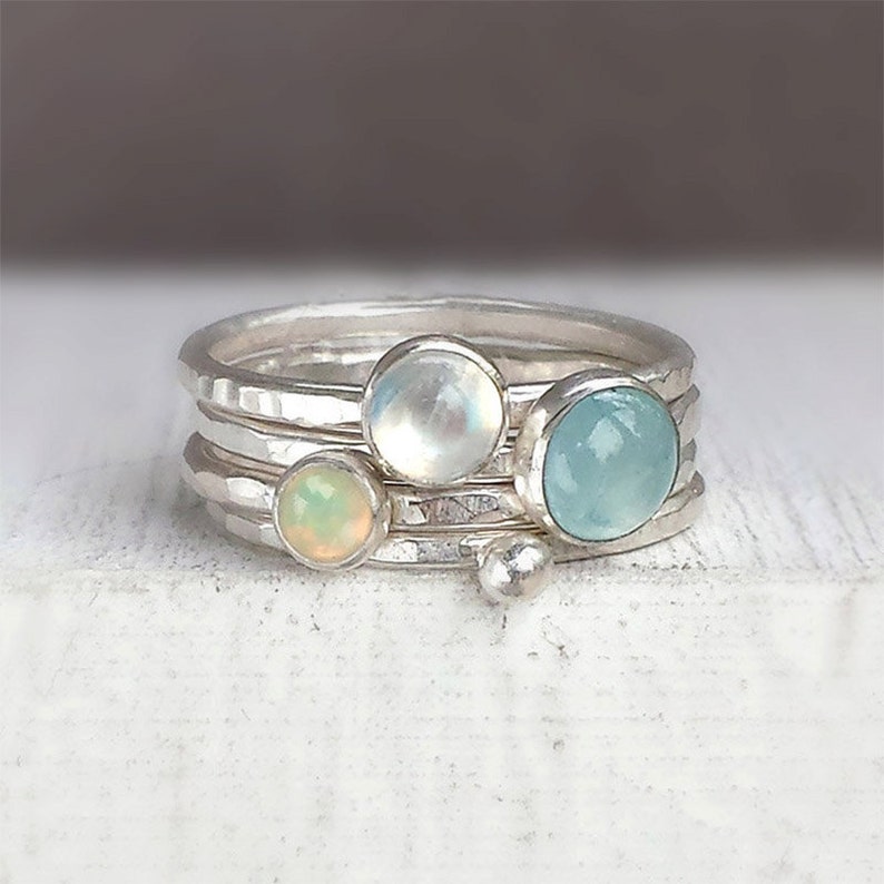 Aquamarine Moonstone and Opal Stacking Rings with Dotted Etsy