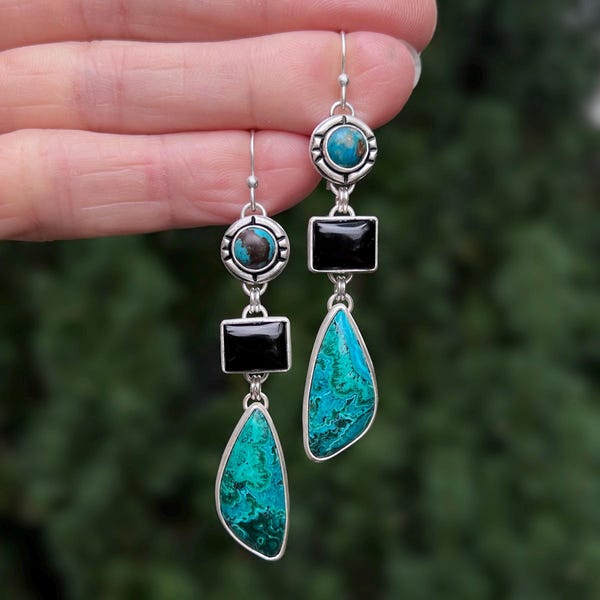Chrysocolla Malachite, Turquoise, and Black Onyx Earrings, Triple Stone Earrings, Ready to Ship